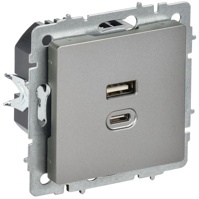 BRITE Розетка USB A+C 45Вт высокоскоростная зарядка РЮ11-2-БрС сталь IEK