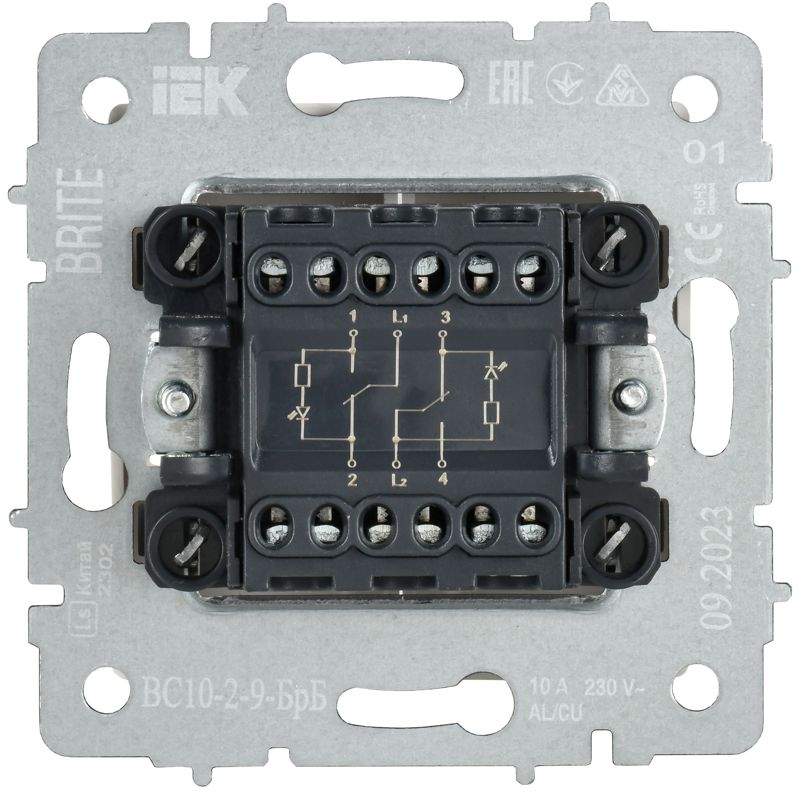 BRITE Выключатель 2-клавишный с индикацией для отелей 10А ВС10-2-9-БрБ белый IEK