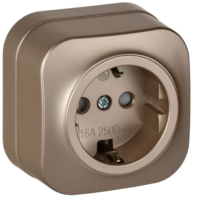 GLORY Розетка 1-местная для открытой установки с заземлением с защитными шторками 16А РСш20-3-ХШм шампань матовый IEK