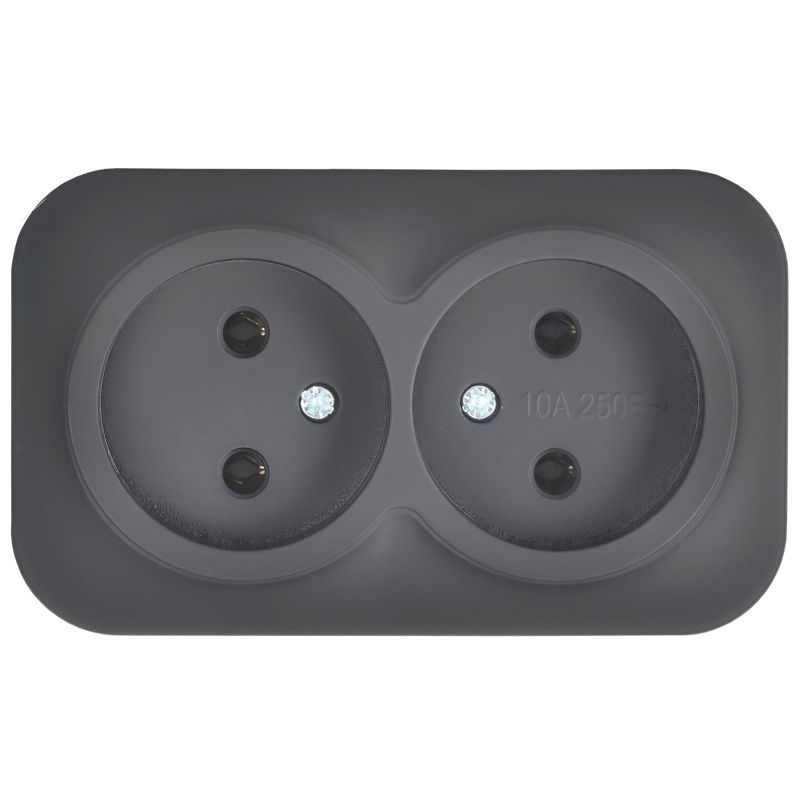 GLORY Розетка 2-местная для открытой установки без заземления без защитных шторок 10А РС22-2-ХЧм черный матовый IEK