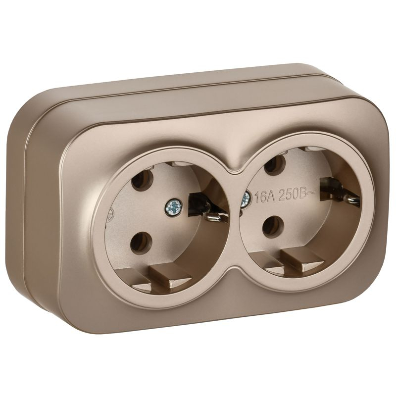 GLORY Розетка 2-местная для открытой установки с заземлением без защитных шторок 16А РС22-3-ХШм шампань матовый IEK