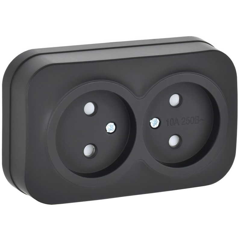 GLORY Розетка 2-местная для открытой установки без заземления с защитными шторками 10А РСш22-2-ХЧм черный матовый IEK