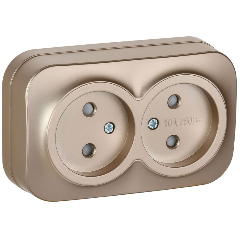GLORY Розетка 2-местная для открытой установки без заземления с защитными шторками 10А РСш22-2-ХШм шампань матовый IEK