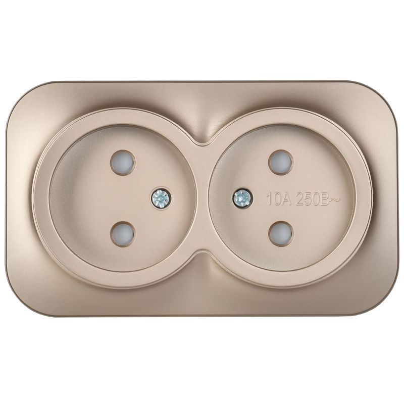 GLORY Розетка 2-местная для открытой установки без заземления с защитными шторками 10А РСш22-2-ХШм шампань матовый IEK