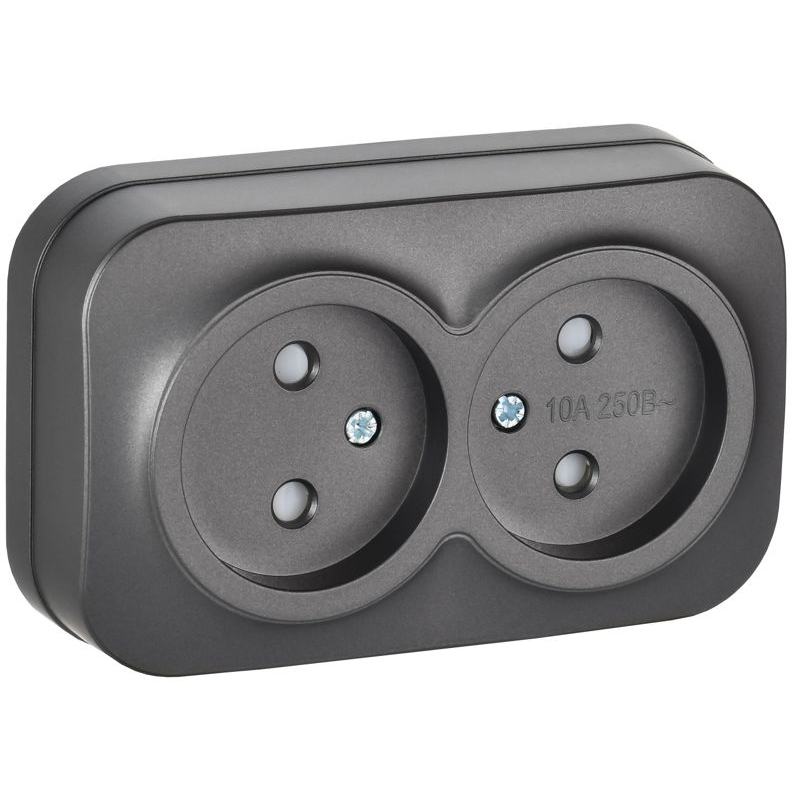 GLORY Розетка 2-местная для открытой установки без заземления с защитными шторками 10А РСш22-2-ХСм сталь матовый IEK