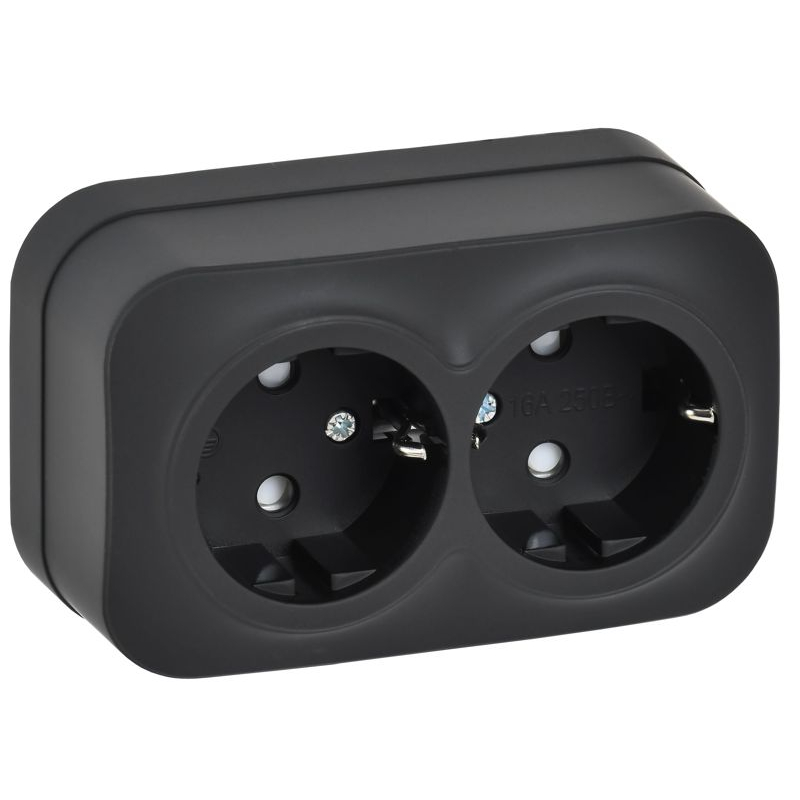 GLORY Розетка 2-местная для открытой установки с заземлением с защитными шторками 16А РСш22-3-ХЧм черный матовый IEK