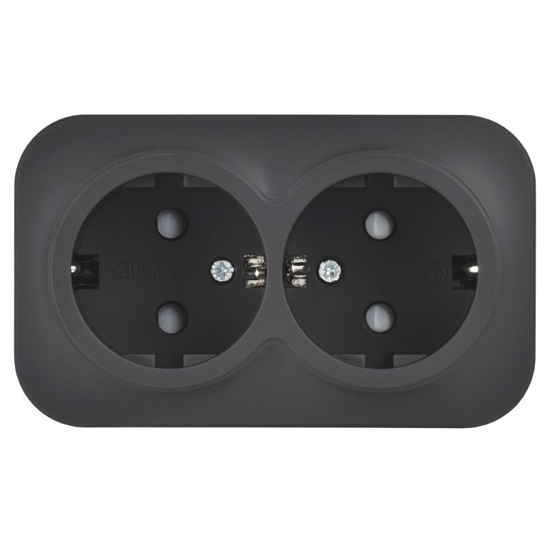 GLORY Розетка 2-местная для открытой установки с заземлением с защитными шторками 16А РСш22-3-ХЧм черный матовый IEK