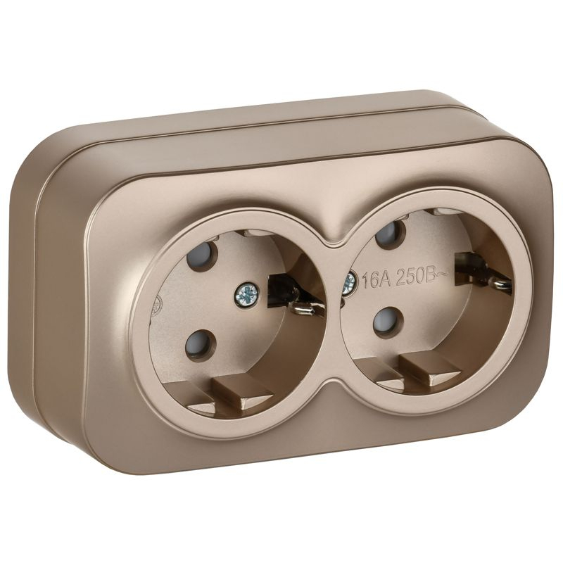 GLORY Розетка 2-местная для открытой установки с заземлением с защитными шторками 16А РСш22-3-ХШм шампань матовый IEK
