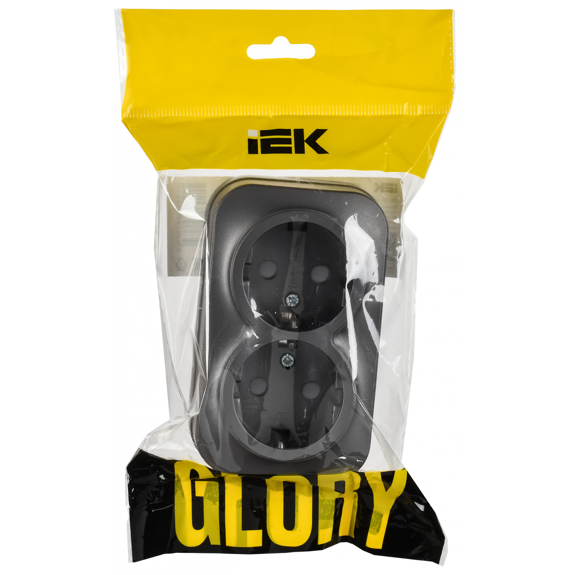 GLORY Розетка 2-местная для открытой установки с заземлением с защитными шторками 16А РСш22-3-ХСм сталь матовый IEK