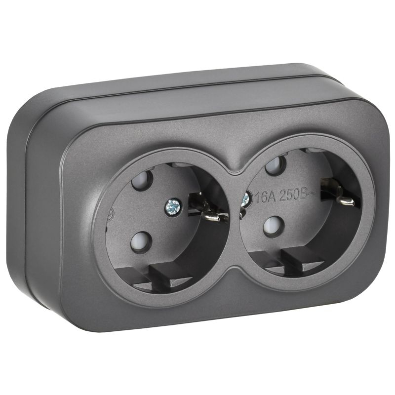 GLORY Розетка 2-местная для открытой установки с заземлением с защитными шторками 16А РСш22-3-ХСм сталь матовый IEK