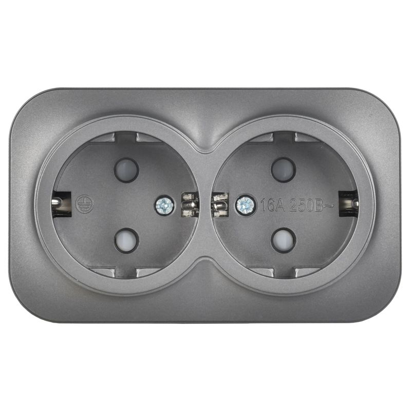 GLORY Розетка 2-местная для открытой установки с заземлением с защитными шторками 16А РСш22-3-ХСм сталь матовый IEK