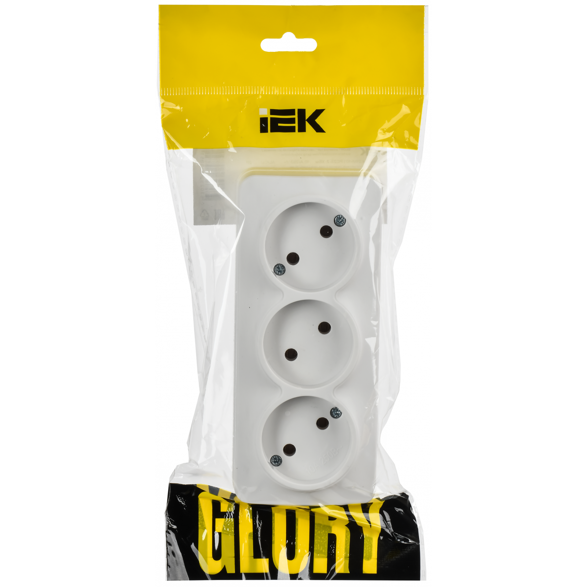 GLORY Розетка 3-местная для открытой установки без заземления без защитных шторок 10А РС23-2-ХБм белый матовый IEK
