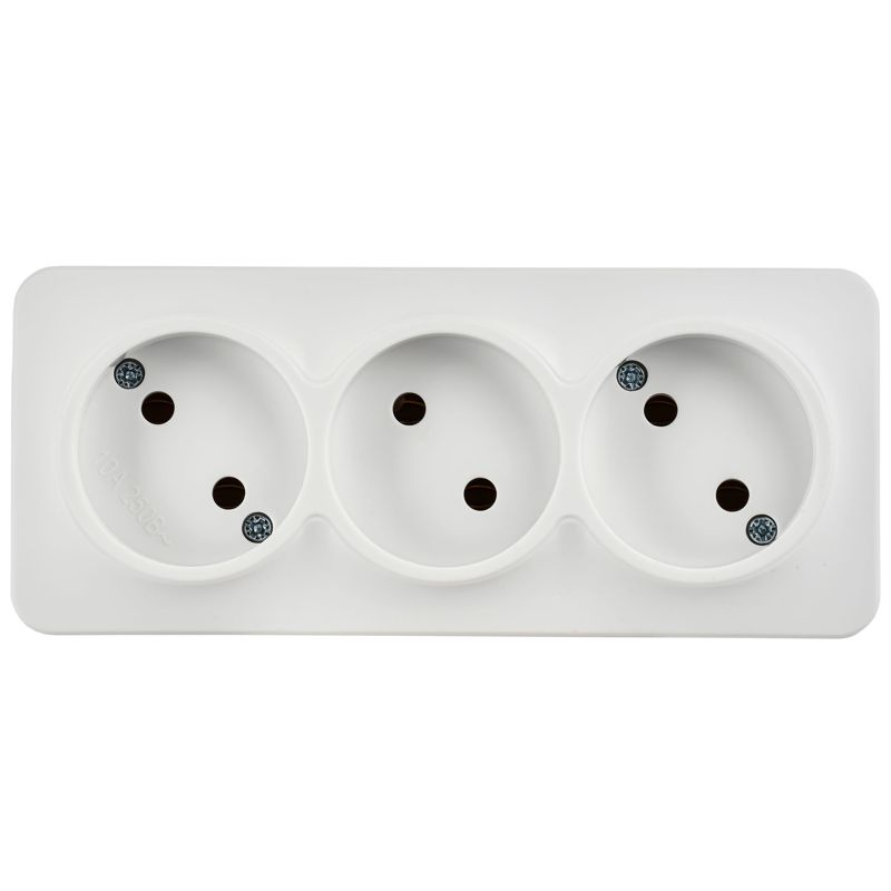 GLORY Розетка 3-местная для открытой установки без заземления без защитных шторок 10А РС23-2-ХБм белый матовый IEK