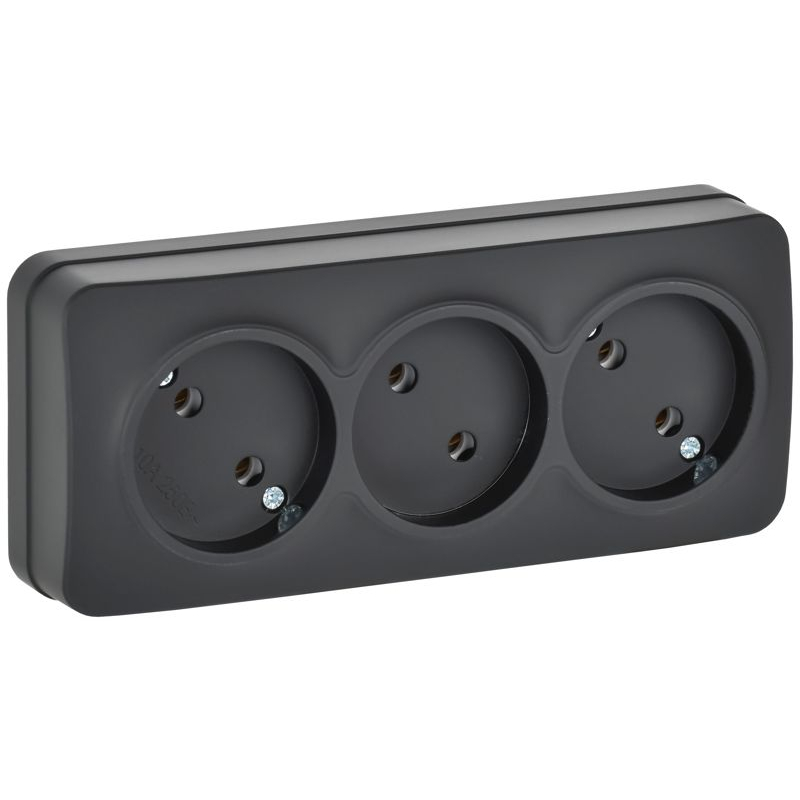GLORY Розетка 3-местная для открытой установки без заземления без защитных шторок 10А РС23-2-ХЧм черный матовый IEK