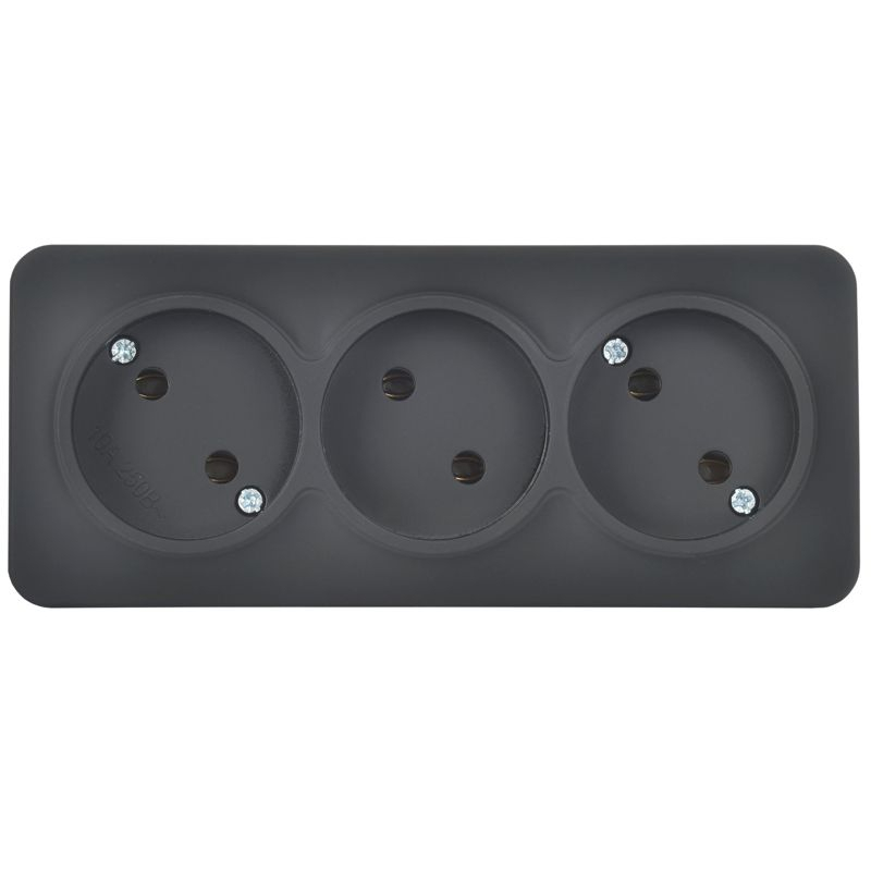 GLORY Розетка 3-местная для открытой установки без заземления без защитных шторок 10А РС23-2-ХЧм черный матовый IEK