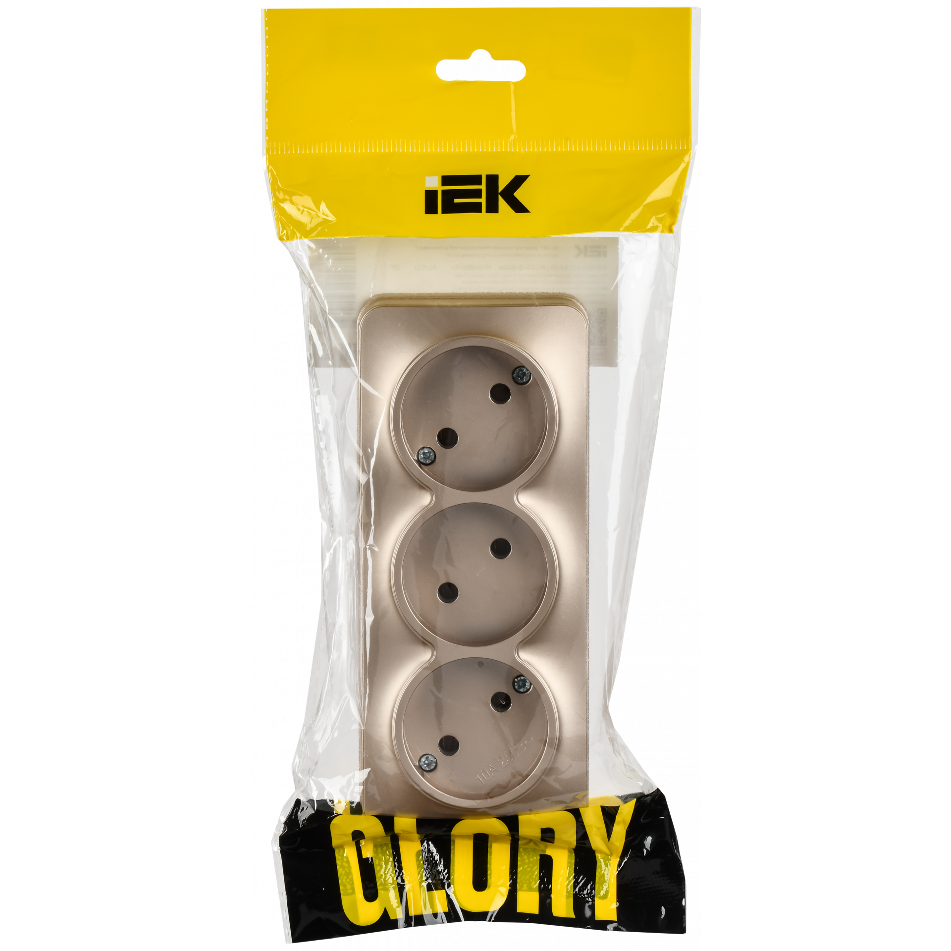 GLORY Розетка 3-местная для открытой установки без заземления без защитных шторок 10А РС23-2-ХШм шампань матовый IEK
