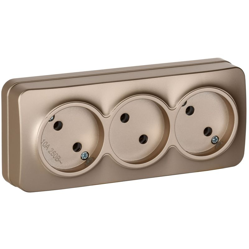 GLORY Розетка 3-местная для открытой установки без заземления без защитных шторок 10А РС23-2-ХШм шампань матовый IEK
