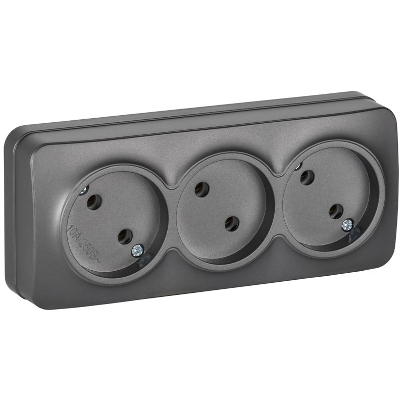 GLORY Розетка 3-местная для открытой установки без заземления без защитных шторок 10А РС23-2-ХСм сталь матовый IEK