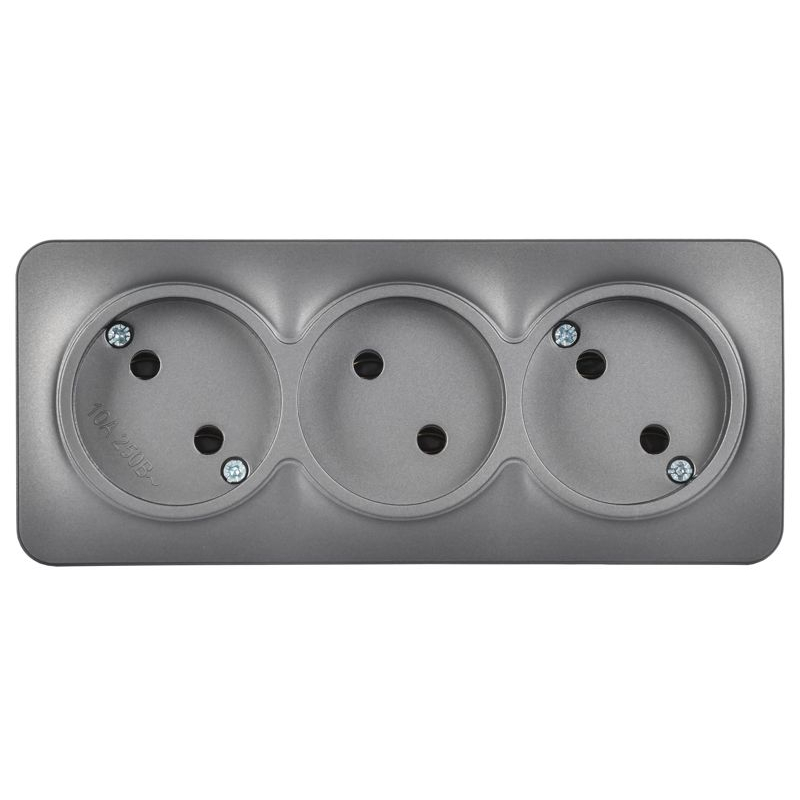 GLORY Розетка 3-местная для открытой установки без заземления без защитных шторок 10А РС23-2-ХСм сталь матовый IEK