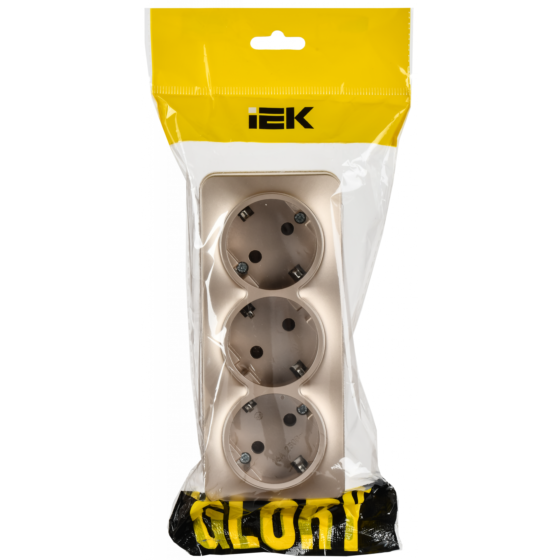 GLORY Розетка 3-местная для открытой установки с заземлением без защитных шторок 16А РС23-3-ХШм шампань матовый IEK