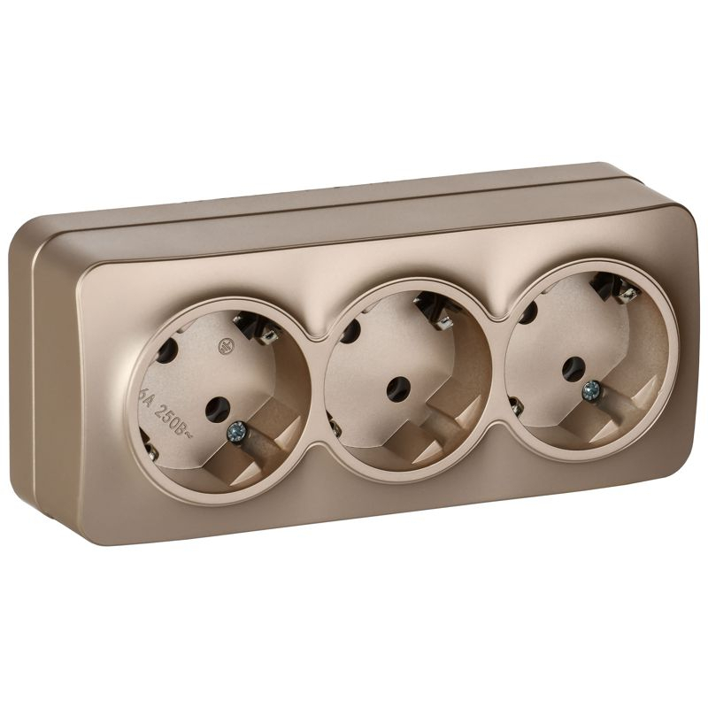 GLORY Розетка 3-местная для открытой установки с заземлением без защитных шторок 16А РС23-3-ХШм шампань матовый IEK