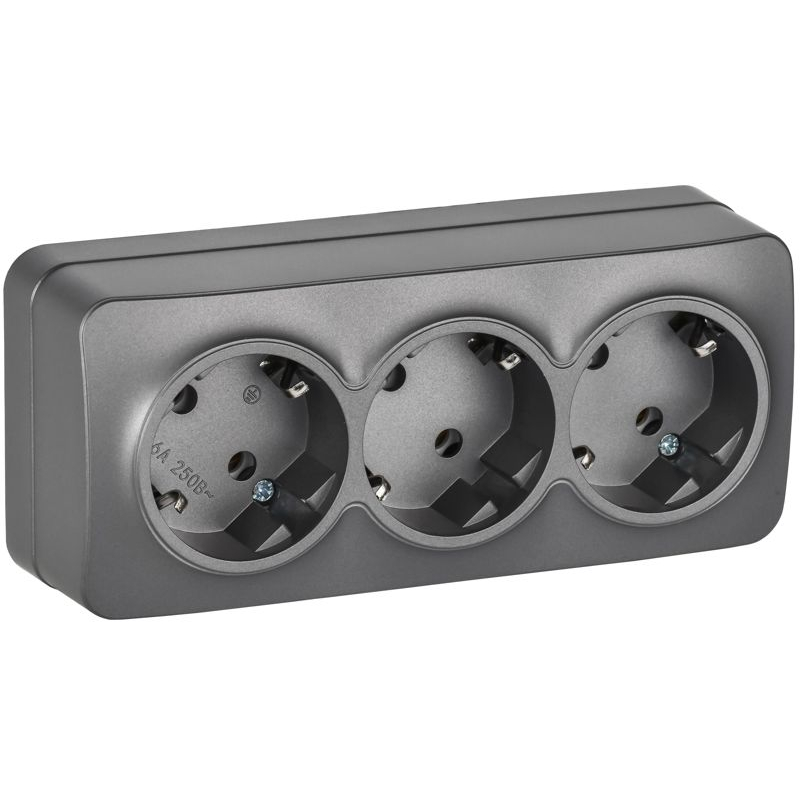 GLORY Розетка 3-местная для открытой установки с заземлением без защитных шторок 16А РС23-3-ХСм сталь матовый IEK