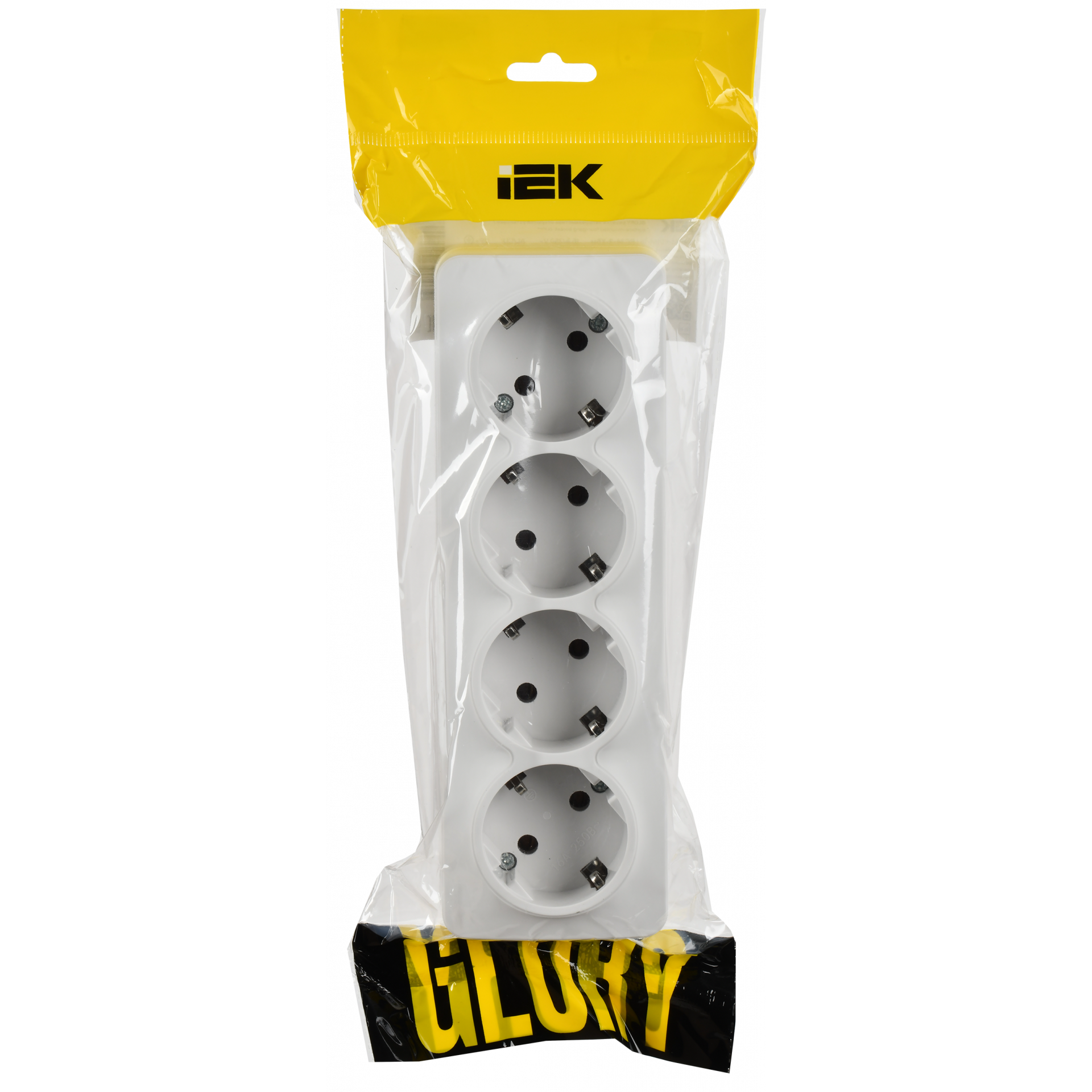 GLORY Розетка 4-местная для открытой установки с заземлением без защитных шторок 16А РС24-3-ХБм белый матовый IEK