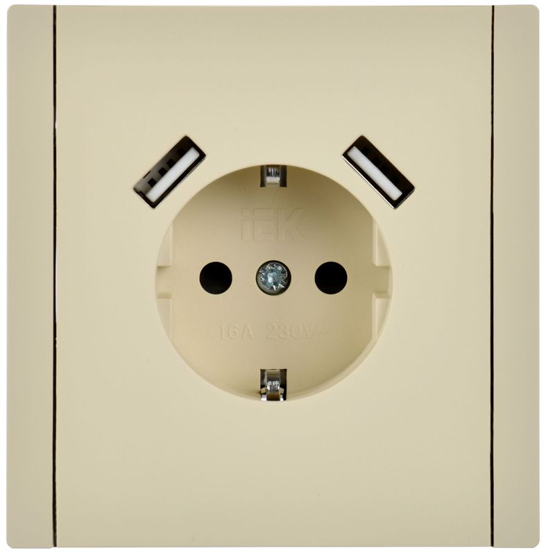 FORTE&PIANO Розетка 1-местная с заземлением с защитными шторками винтовое крепление 16А USB A+A 3,1А FP445 ваниль IEK