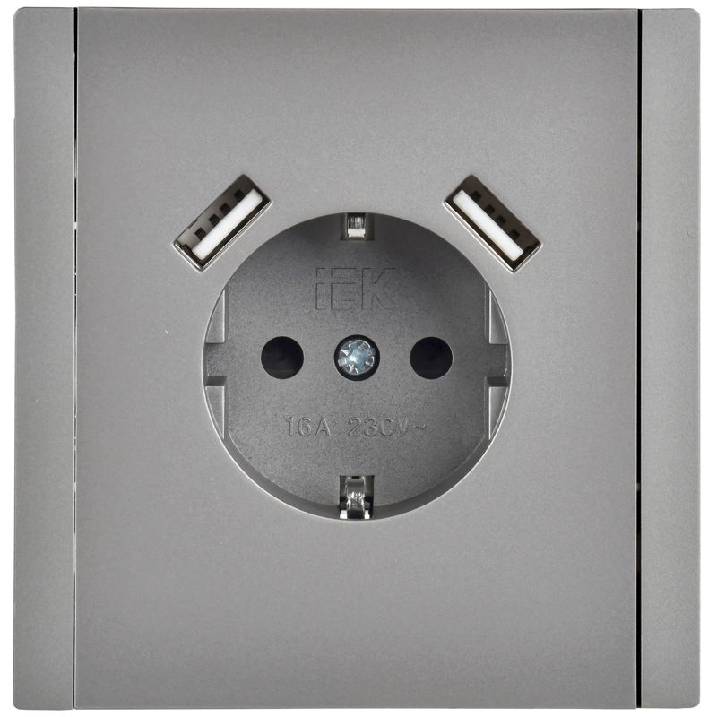 FORTE&PIANO Розетка 1-местная с заземлением с защитными шторками винтовое крепление 16А USB A+A 3,1А FP545 сталь IEK