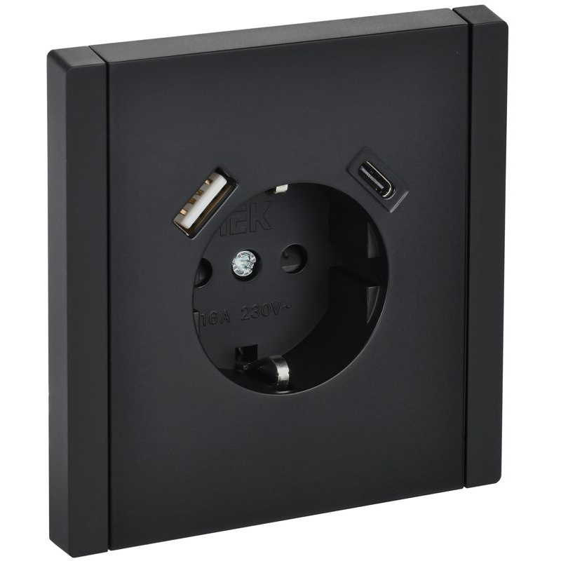 FORTE&PIANO Розетка 1-местная с заземлением с защитными шторками винтовое крепление 16А USB A+C 18Вт FP147 черный IEK