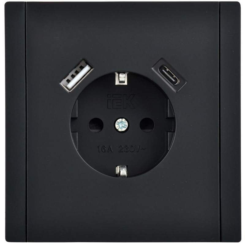 FORTE&PIANO Розетка 1-местная с заземлением с защитными шторками винтовое крепление 16А USB A+C 18Вт FP147 черный IEK