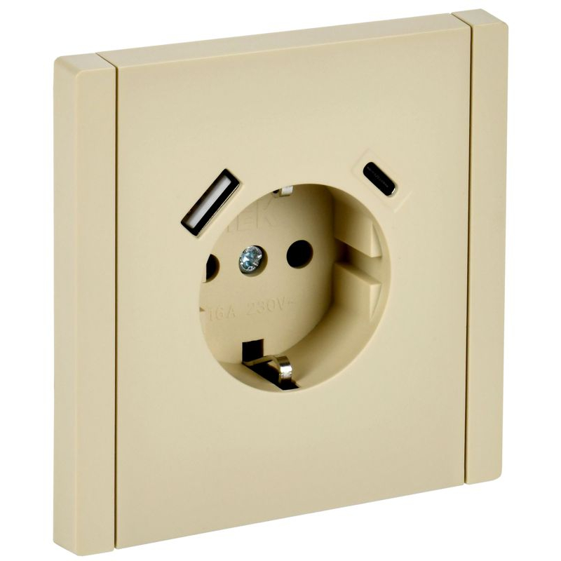 FORTE&PIANO Розетка 1-местная с заземлением с защитными шторками винтовое крепление 16А USB A+C 18Вт FP447 ваниль IEK