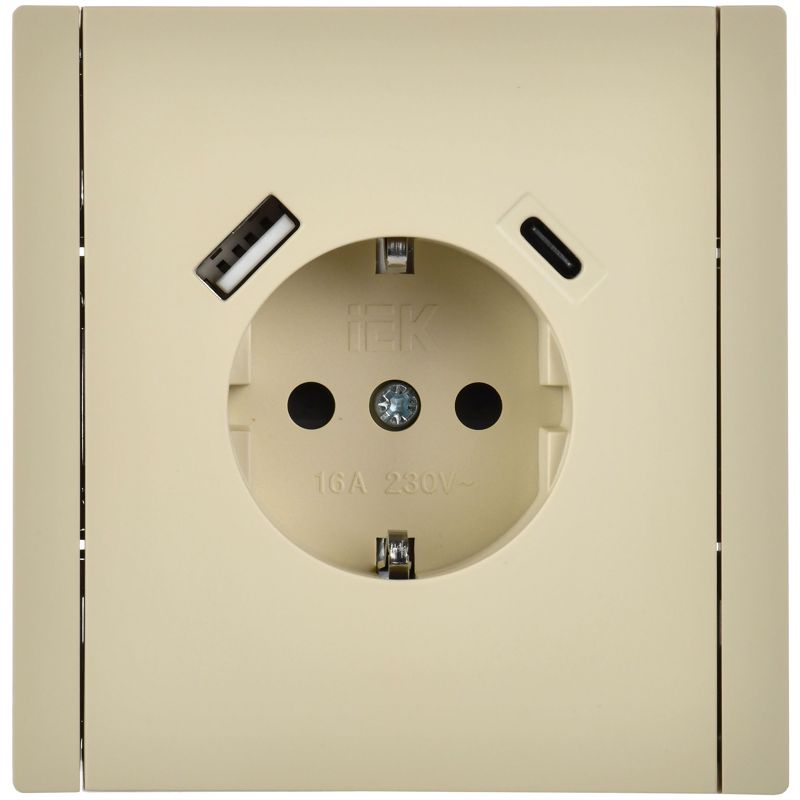FORTE&PIANO Розетка 1-местная с заземлением с защитными шторками винтовое крепление 16А USB A+C 18Вт FP447 ваниль IEK