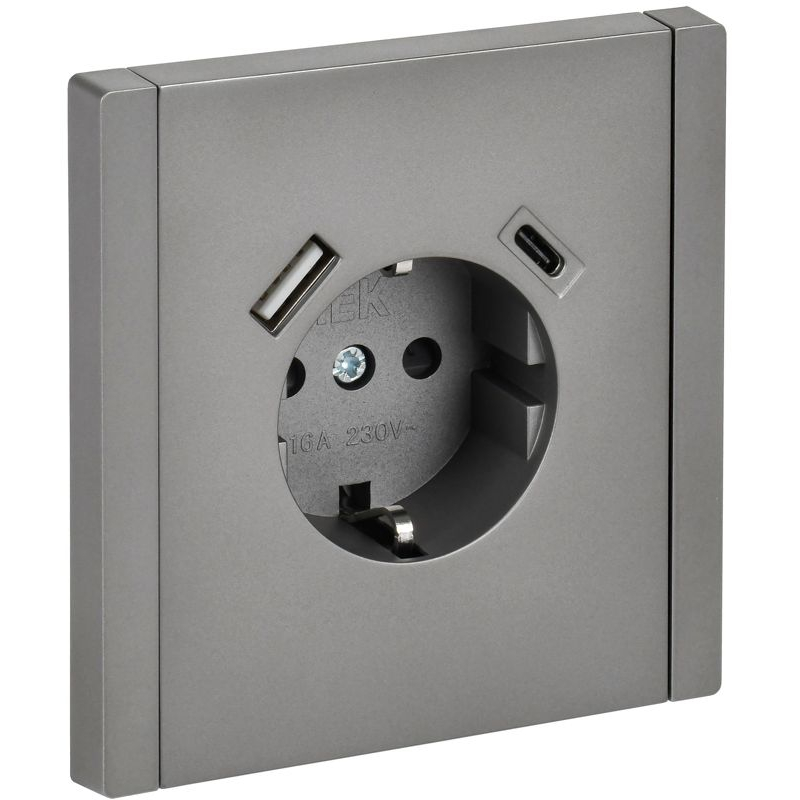 FORTE&PIANO Розетка 1-местная с заземлением с защитными шторками винтовое крепление 16А USB A+C 18Вт FP547 сталь IEK