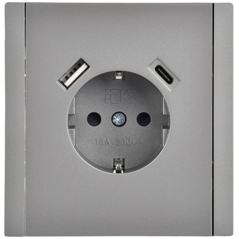 FORTE&PIANO Розетка 1-местная с заземлением с защитными шторками винтовое крепление 16А USB A+C 18Вт FP547 сталь IEK