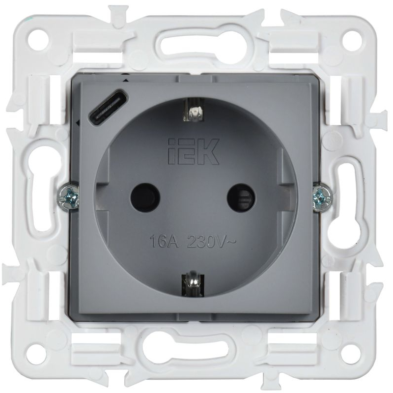 SKANDY Розетка с заземлением с защитными шторками 16А с USB C 18Вт SK-R17Gr серый IEK
