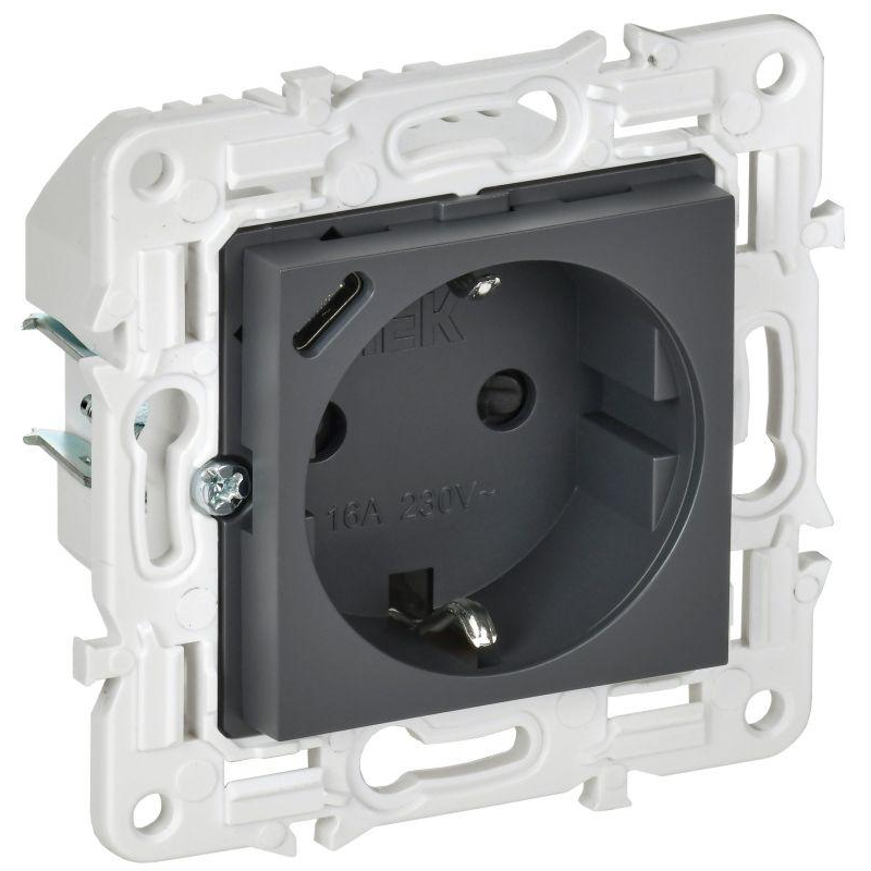 SKANDY Розетка с заземлением с защитными шторками 16А с USB C 18Вт SK-R17T титан IEK