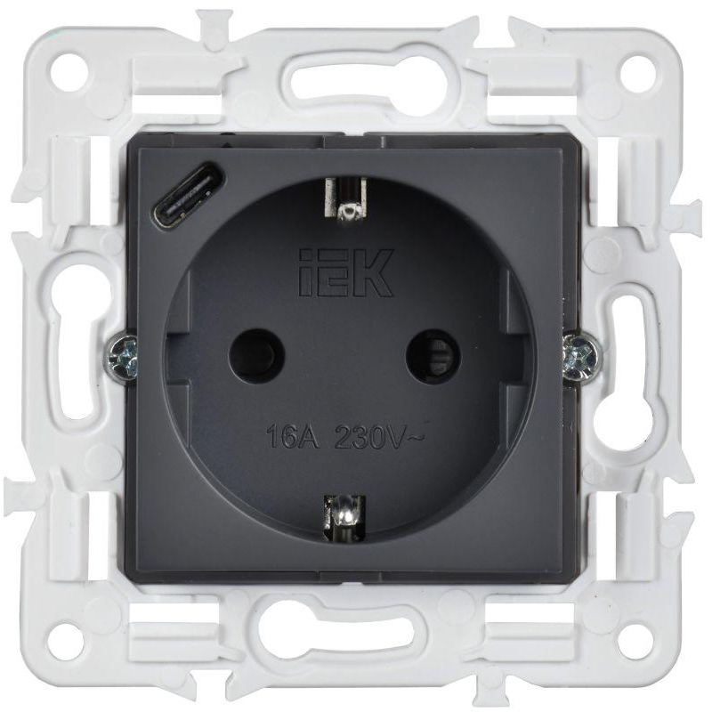 SKANDY Розетка с заземлением с защитными шторками 16А с USB C 18Вт SK-R17T титан IEK