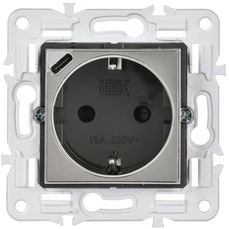 SKANDY Розетка с заземлением с защитными шторками 16А с USB C 18Вт SK-R17N металл никель IEK