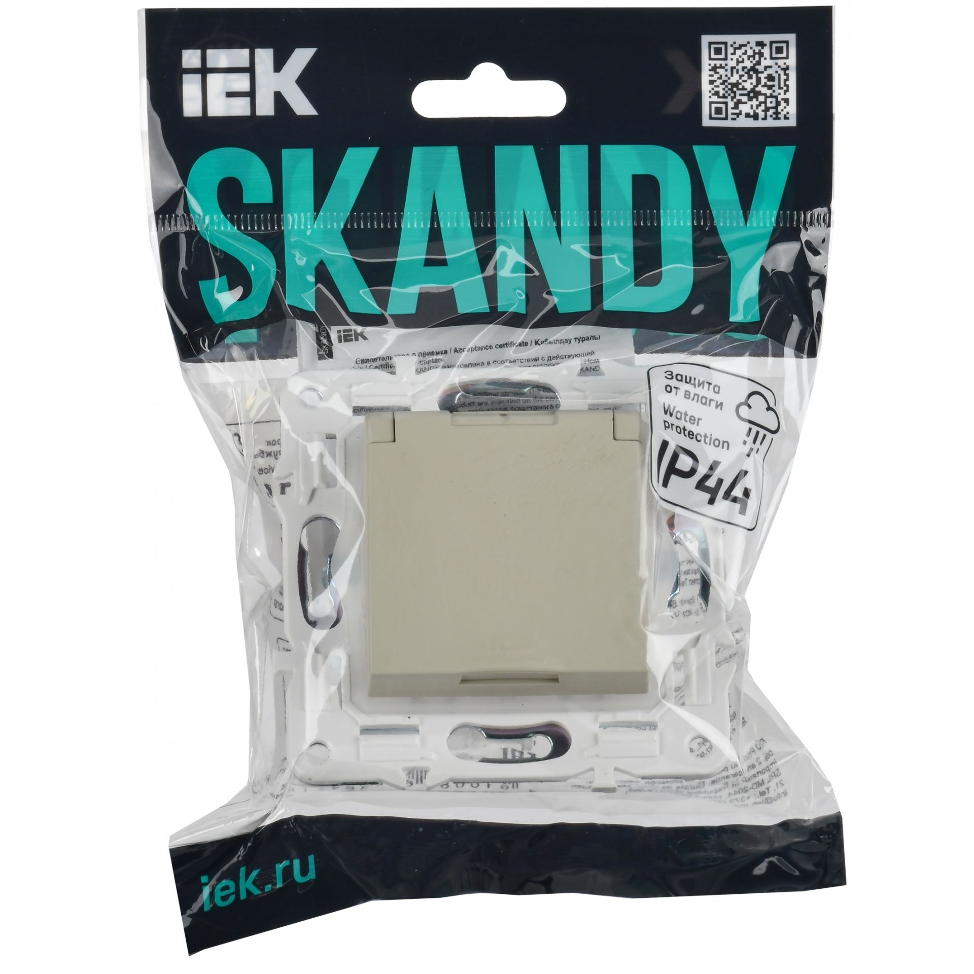 SKANDY Розетка 1-местная с заземлением с защитными шторками и крышкой 16А IP44 SK-R11B бежевый IEK