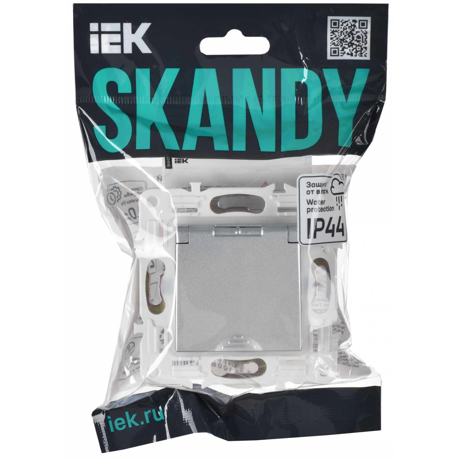 SKANDY Розетка 1-местная с заземлением с защитными шторками и крышкой 16А IP44 SK-R11S серебряный IEK