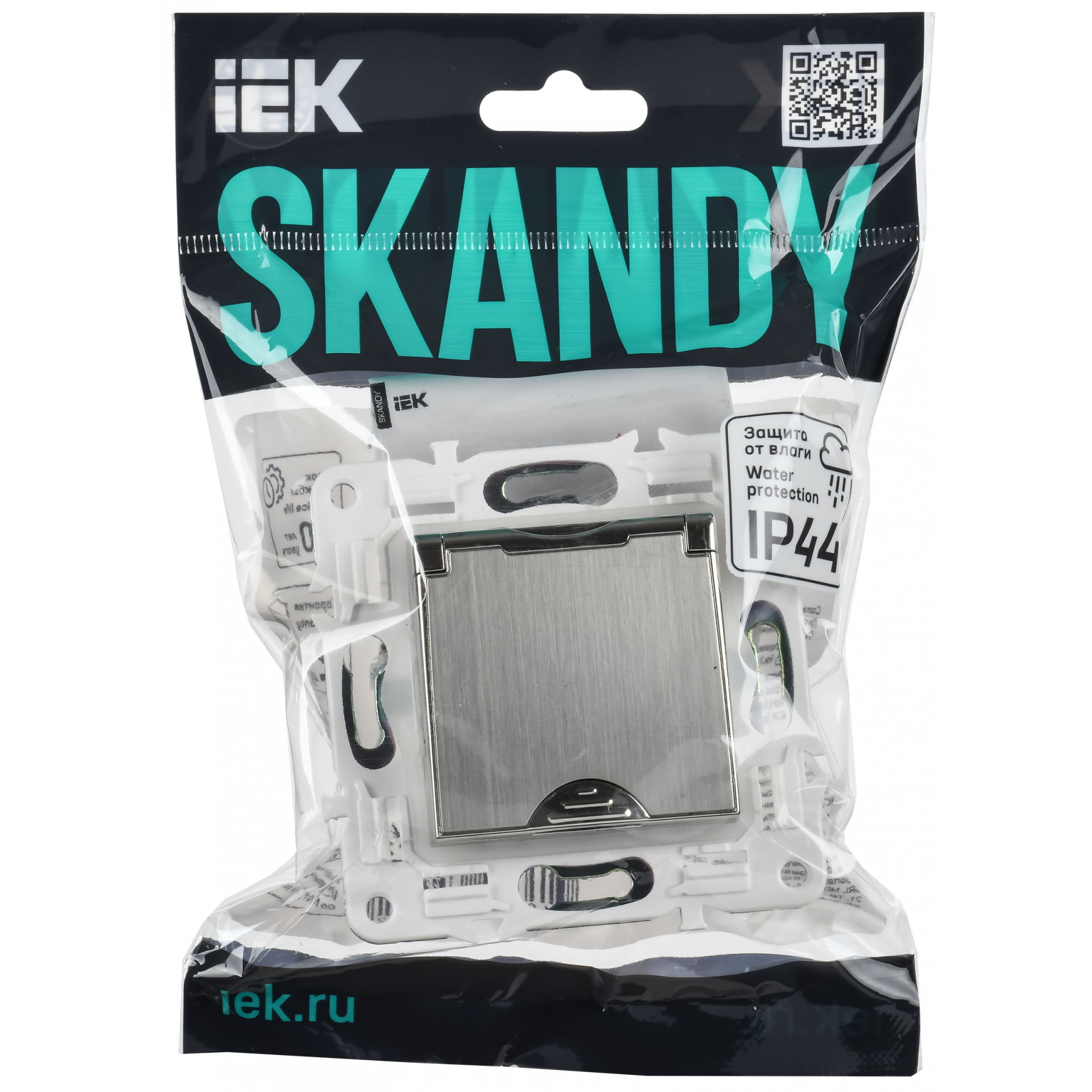 SKANDY Розетка 1-местная с заземлением с защитными шторками и крышкой 16А IP44 SK-R11N металл никель IEK