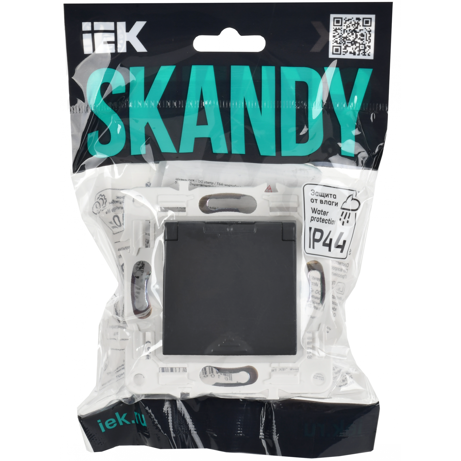 SKANDY Розетка 1-местная с заземлением с защитными шторками и крышкой 16А IP44 SK-R11G графит IEK