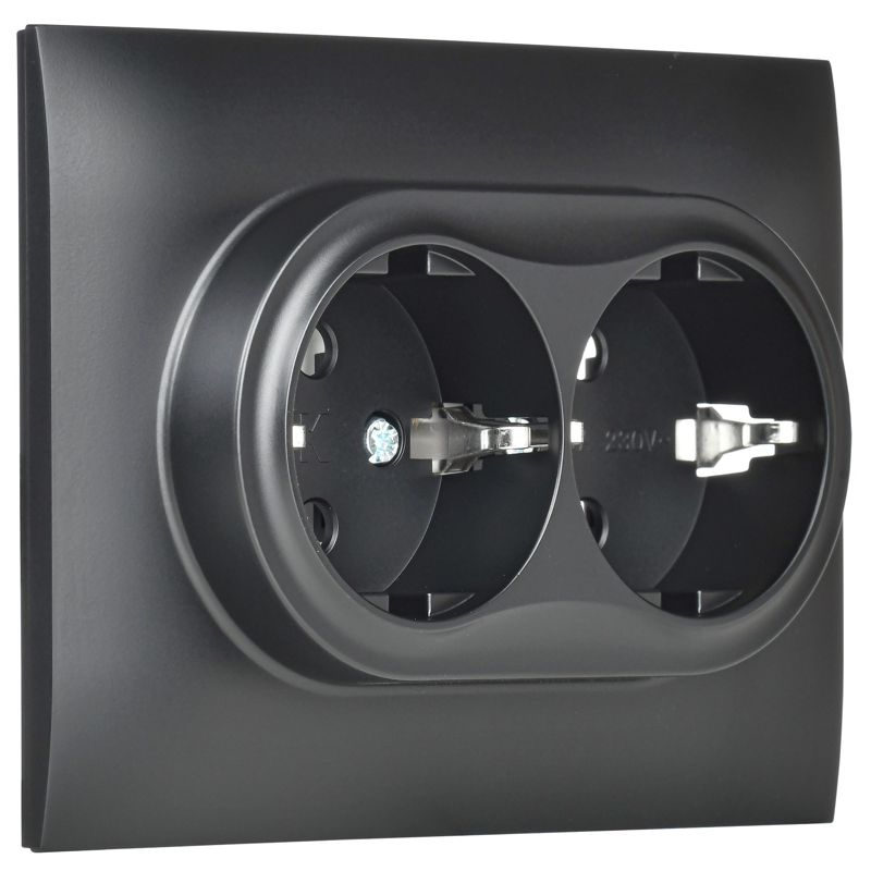 SKANDY Розетка 2-местная с заземлением без защитных шторок 16А в сборе SK-R08Bl черный IEK