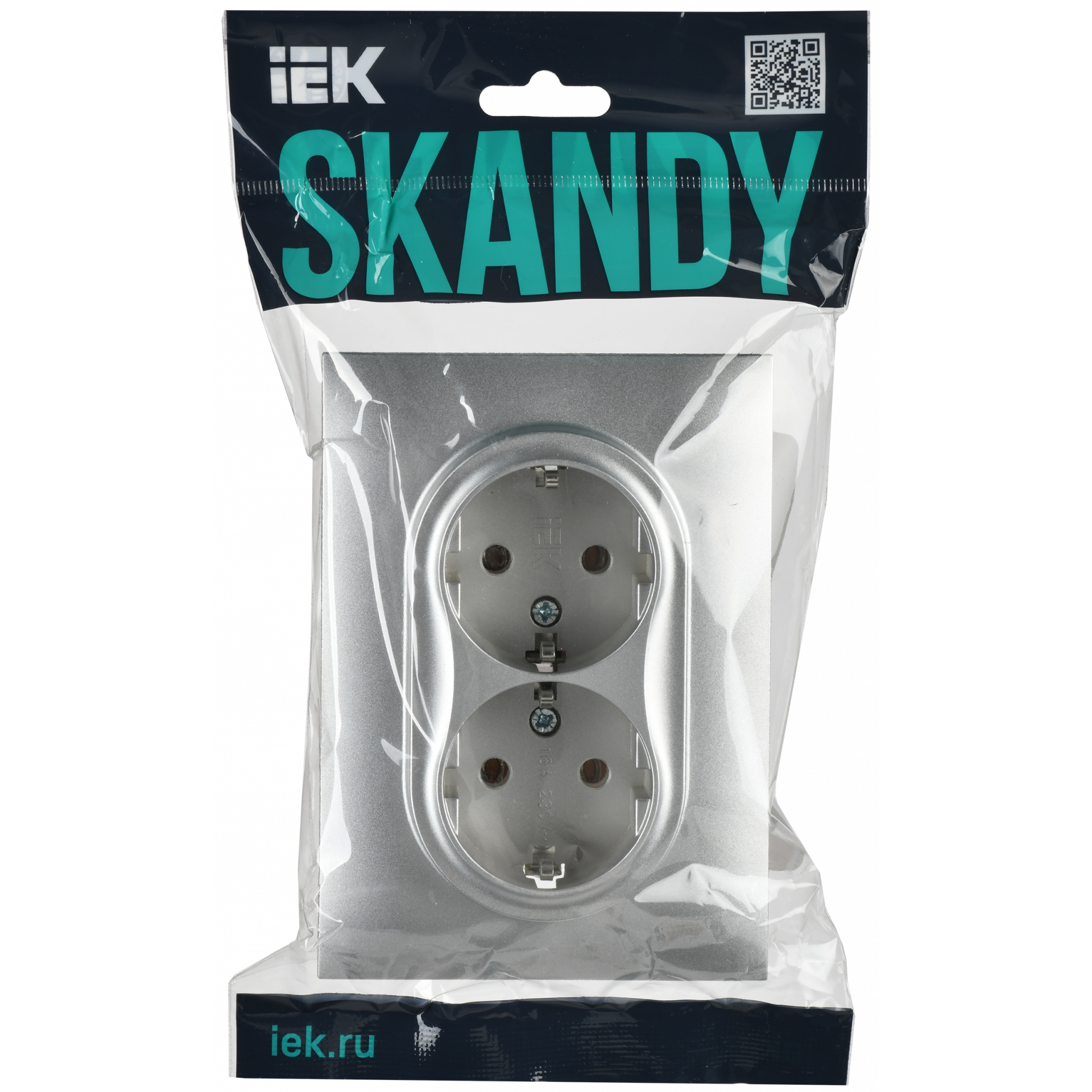 SKANDY Розетка 2-местная с заземлением без защитных шторок 16А в сборе SK-R08S серебряный IEK