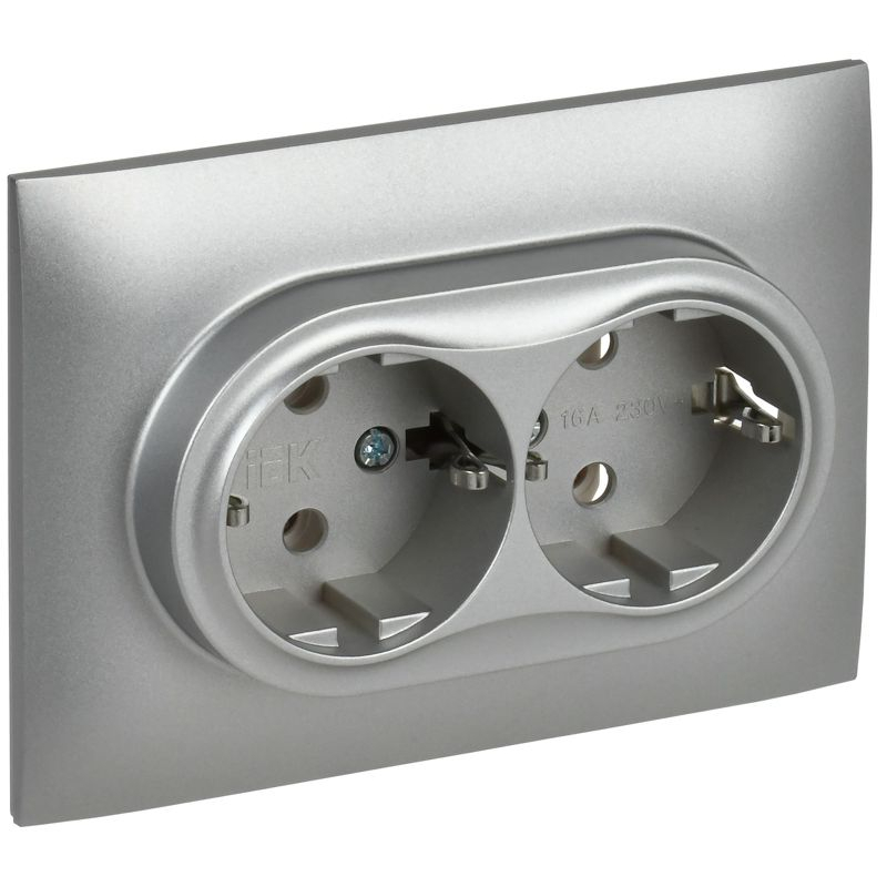 SKANDY Розетка 2-местная с заземлением без защитных шторок 16А в сборе SK-R08S серебряный IEK