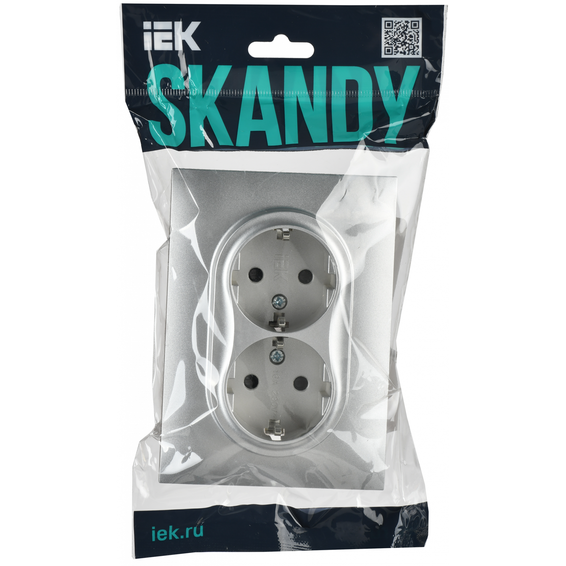 SKANDY Розетка 2-местная с заземлением с защитными шторками 16А в сборе SK-R07S серебряный IEK