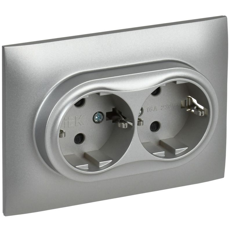 SKANDY Розетка 2-местная с заземлением с защитными шторками 16А в сборе SK-R07S серебряный IEK