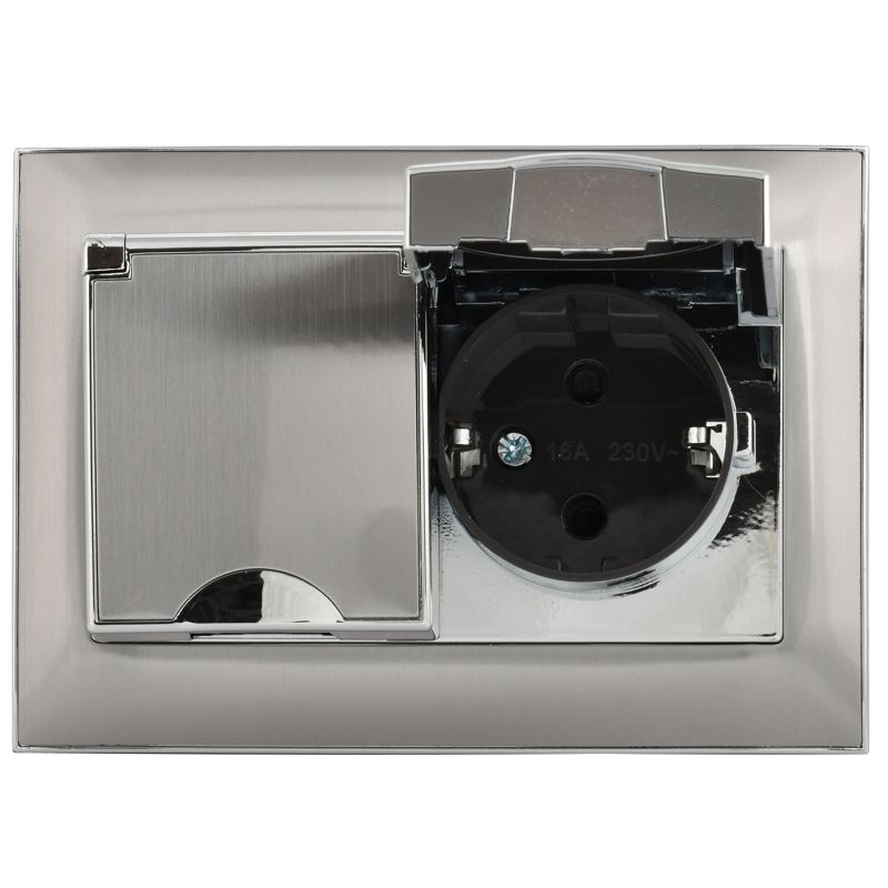 SKANDY Розетка 2-местная и крышкой 16А в сборе IP44 SK-R12N металл никель IEK