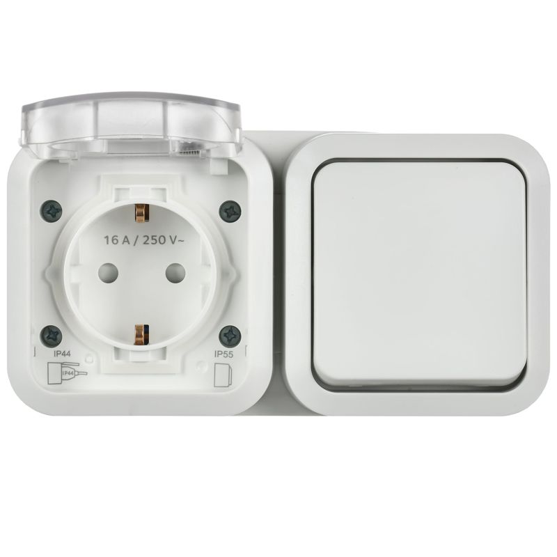 TORS Блок розетка + выключатель горизонтальный 16А IP55 TS342 белый IEK